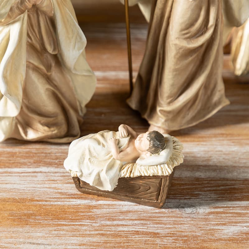 Glitzhome S/5 24.5"H/14"H White/Gold Resin Holy Family Nativity with Christmas Trees