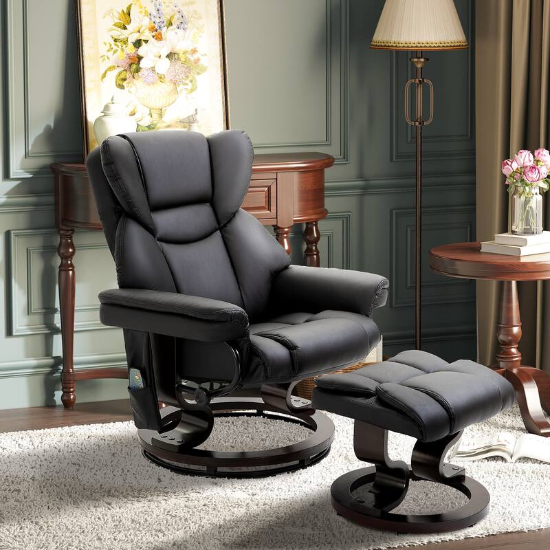 Massage Recliner Chair with Ottoman Footrest,10 Vibration Points,360°Swivel,Faux Leather Chair with Side Pocket,Remote Control - Black