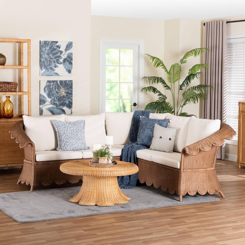 Detta Natural Rattan Sectional Set - Handwoven Wicker Corner Lounge Seating with Scalloped Skirt Base and Rolled Arms
