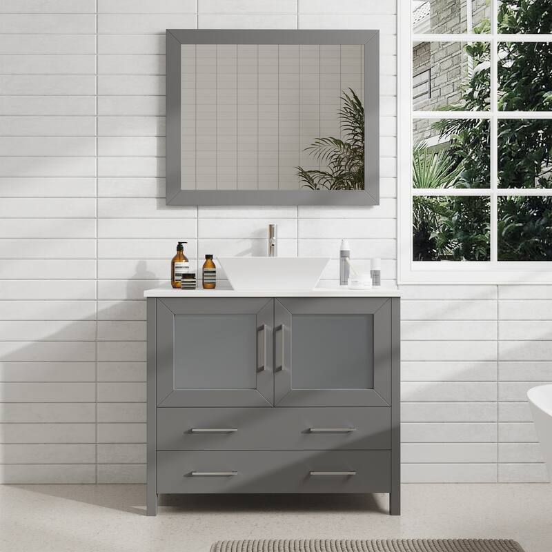 Vanity Art 36" Single Sink Bathroom Vanity Set with Engineered Marble Top Free Mirror - 36 x 18.5 x 36 Inches - Grey