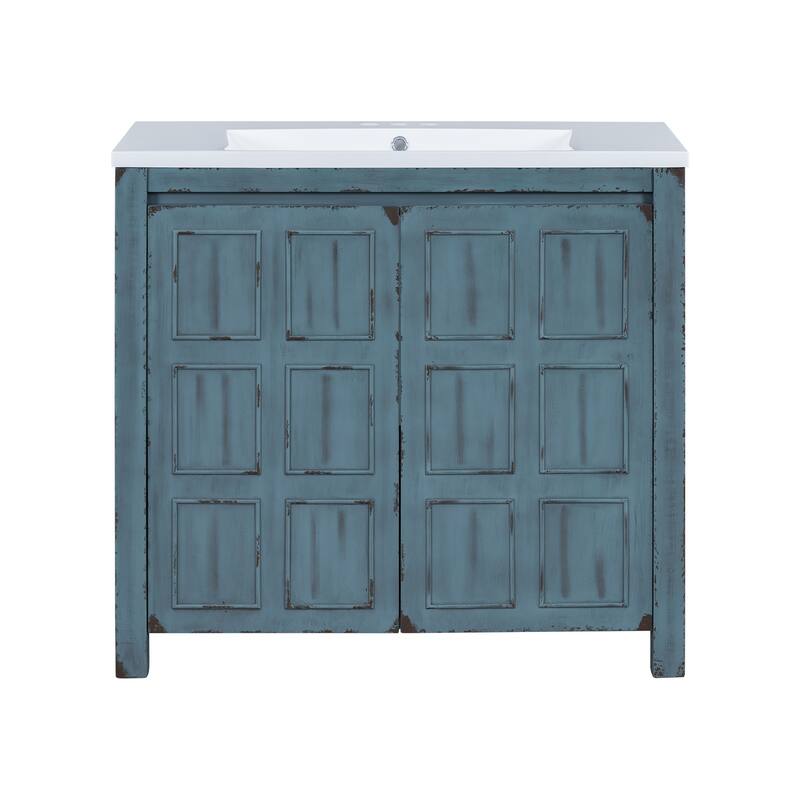 36" Bathroom Vanity with Undermount Resin Sink, Retro Blue Bathroom Storage Cabinet with Adjustable Shelves, Solid Wood Frame