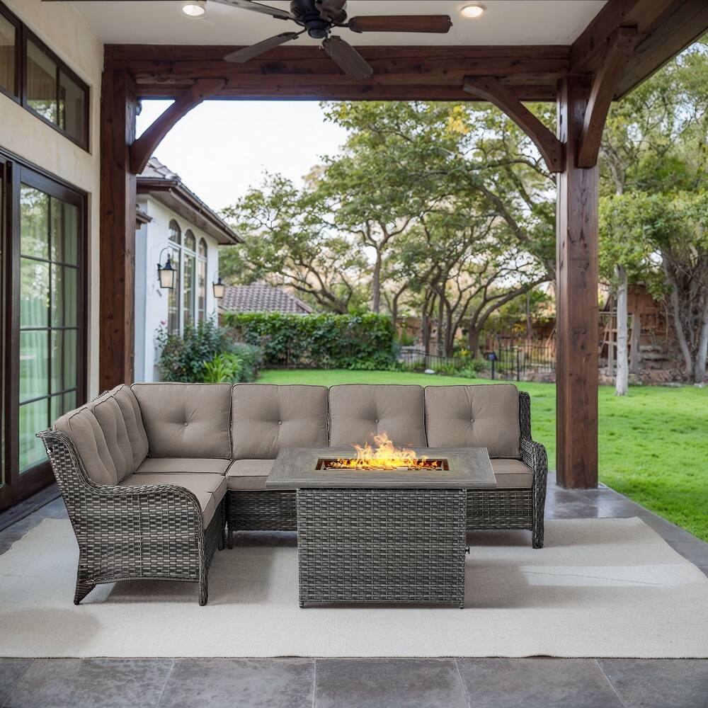 Gymojoy 2-Piece Outdoor Wicker Patio Furniture with Fire Pit and L-shaped Sectional Sofa, Coversation Set with Thick Cushions