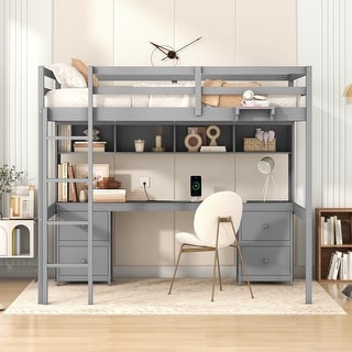 Full Size Loft Bed with Desk, Storage Cabinets, Drawers & Bedside Tray, Multifunctional Loft Bed with Plug Outlets & 2 USB Port