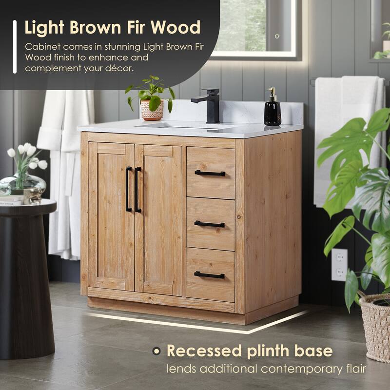 Cicero Single Bathroom Vanity in Light Brown with Grain White Engineered Stone Countertop without Mirror