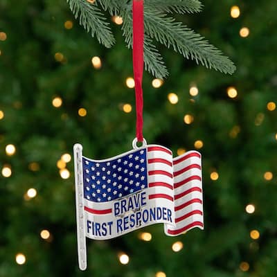2.75" Silver-Plated First Responders Flag Ornament European Crystals