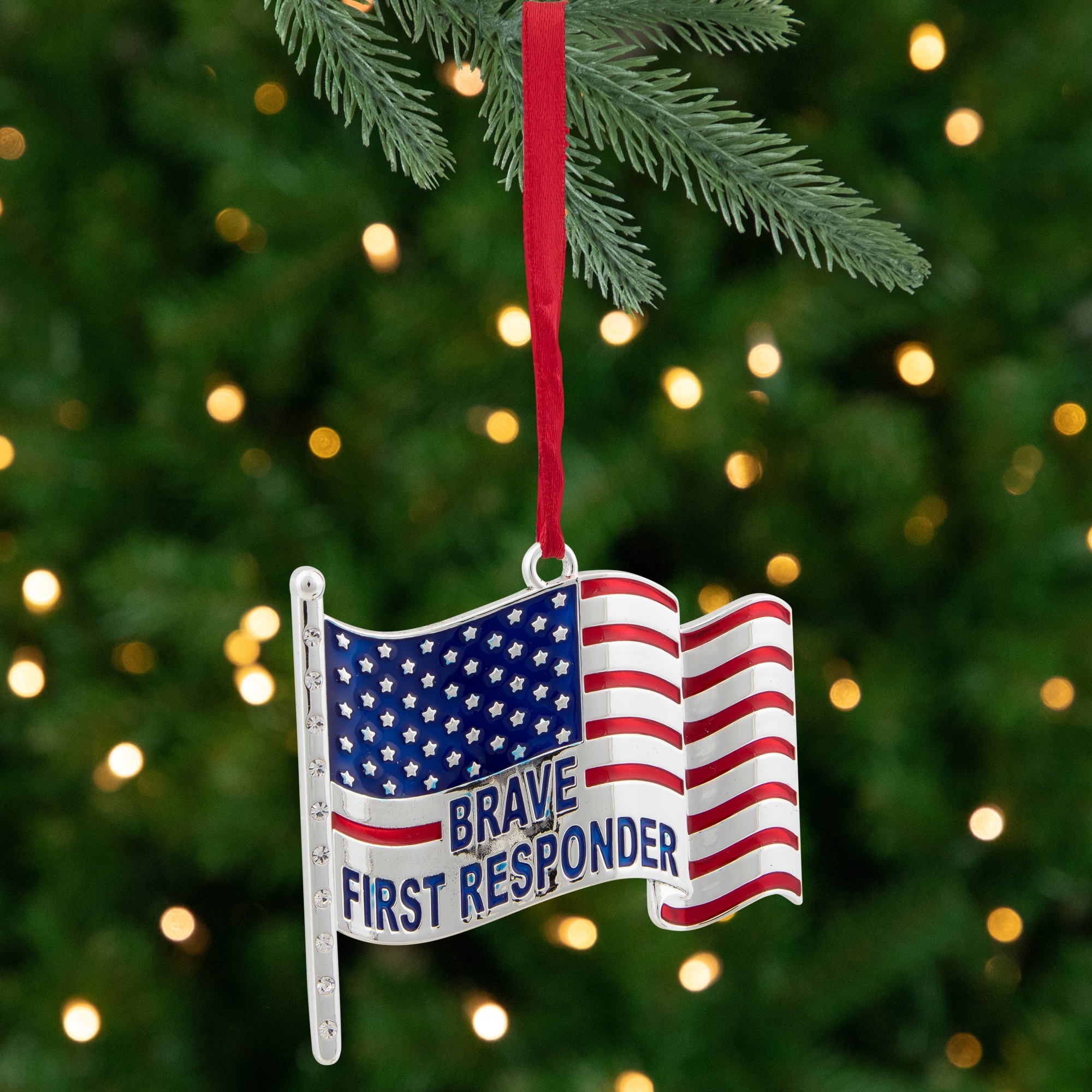 2.75" Silver-Plated First Responders Flag Ornament European Crystals