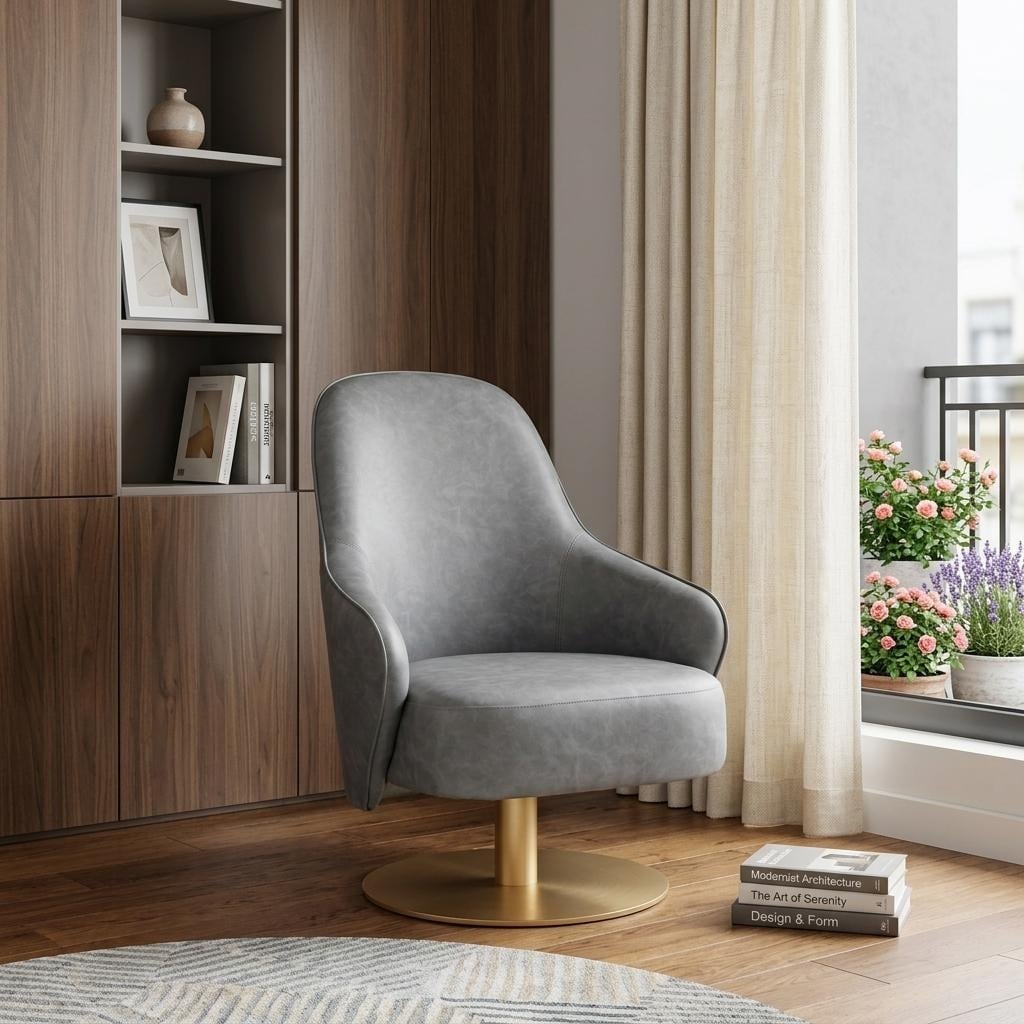 HomeRoots 28" Gray And Gold Faux Leather And Faux Leather Swivel Arm Chair - 28.00 in. x 36.40 in. x 31.50 in.