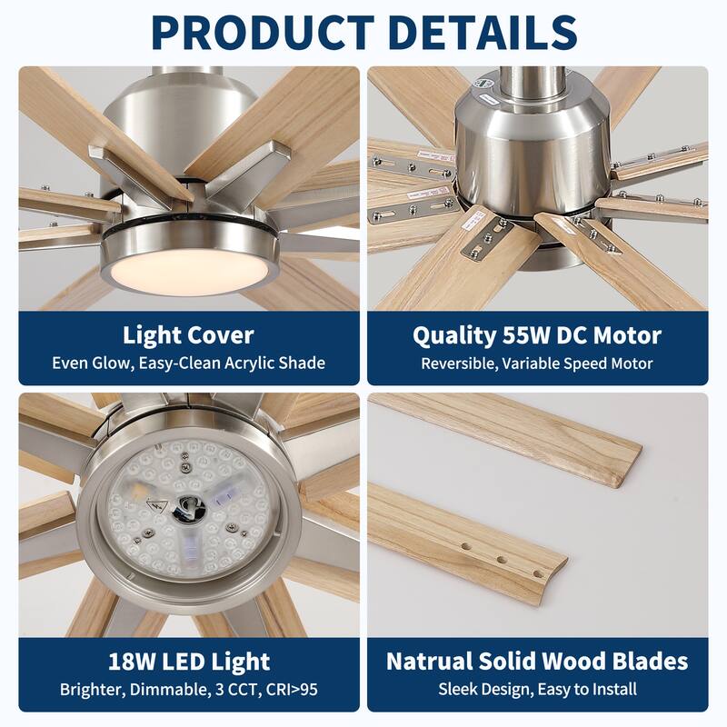 84" Oversized Large Black Walnut Solid Wood Ceiling Fan with Dimmable Led Light 8 Blades Remote Control Reversible DC Motor