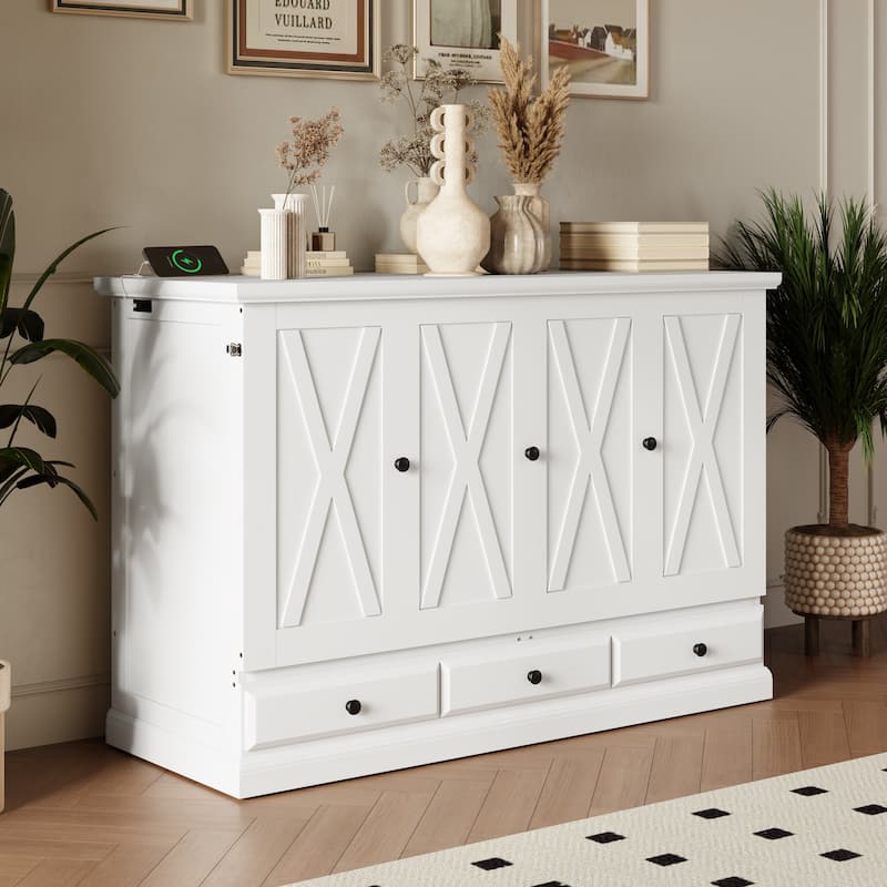 Solid Pine Murphy Bed Chest Cube Cabinet Bed with Charging Station and Large Storage Drawer for or Small Room,Full - White