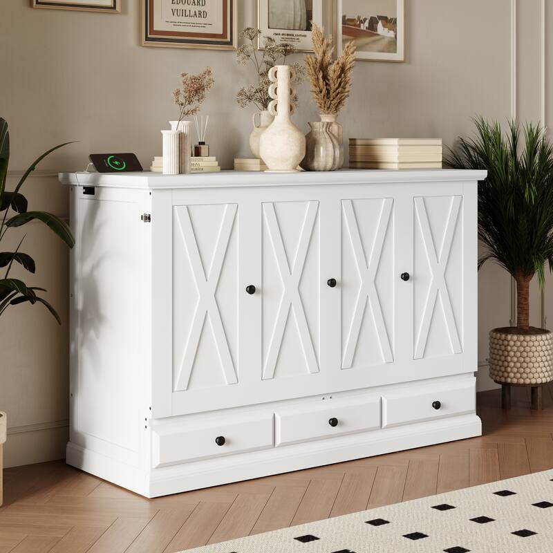 Solid Pine Murphy Bed with Charging Station and Large Storage Drawer