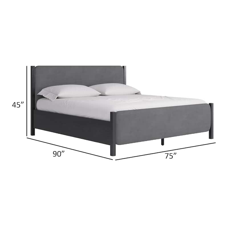 Cave California King Bed, Velvet Upholstery, Posts, Gray Mahogany Wood