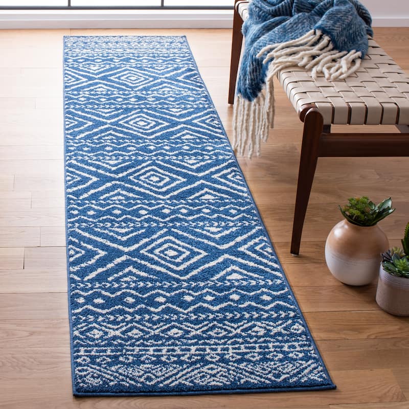 SAFAVIEH Tulum Vassilia Moroccan Boho Distressed Rug - 2' x 9' Runner - Navy/Ivory