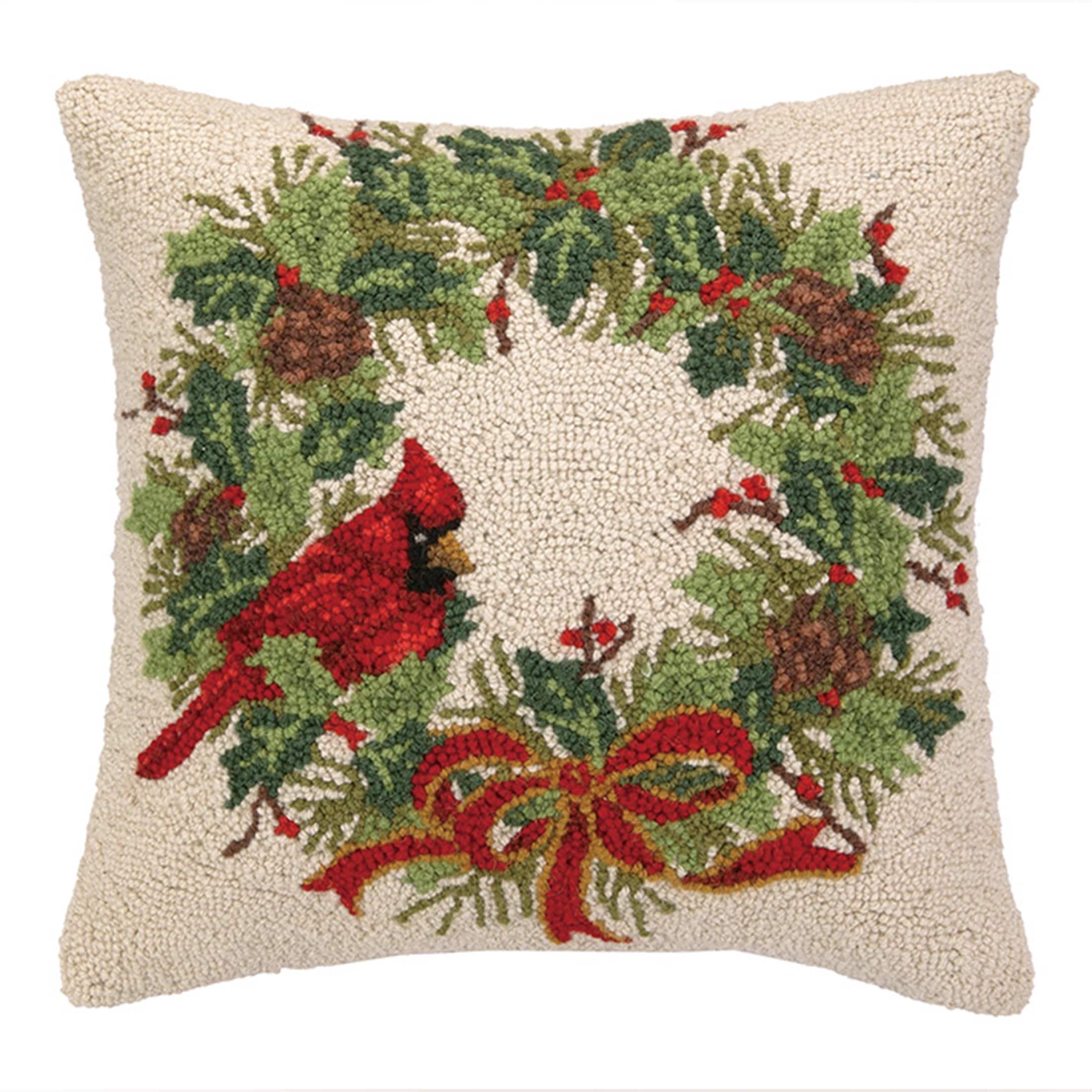 Cardinal Wreath Wool Hook Pillow by The Pillow Shoppe