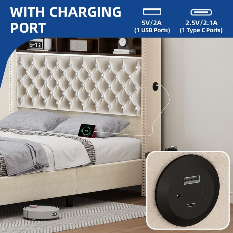 Moasis King/Queen Size Velvet Upholstered Bed Frame with Storage Headboard with USB Charging Stations