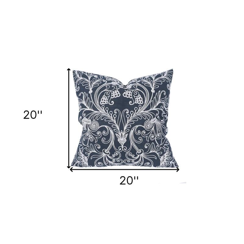 HomeRoots 20" X 20" Blue and White Damask Polyester Zippered Pillow With Embroidery
