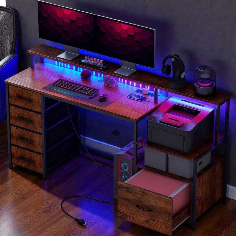 Computer Desk with Power Outlets and LED Lights, Office Desk with File Cabinet Fabric Drawers and Monitor Stand - Rustic Brown