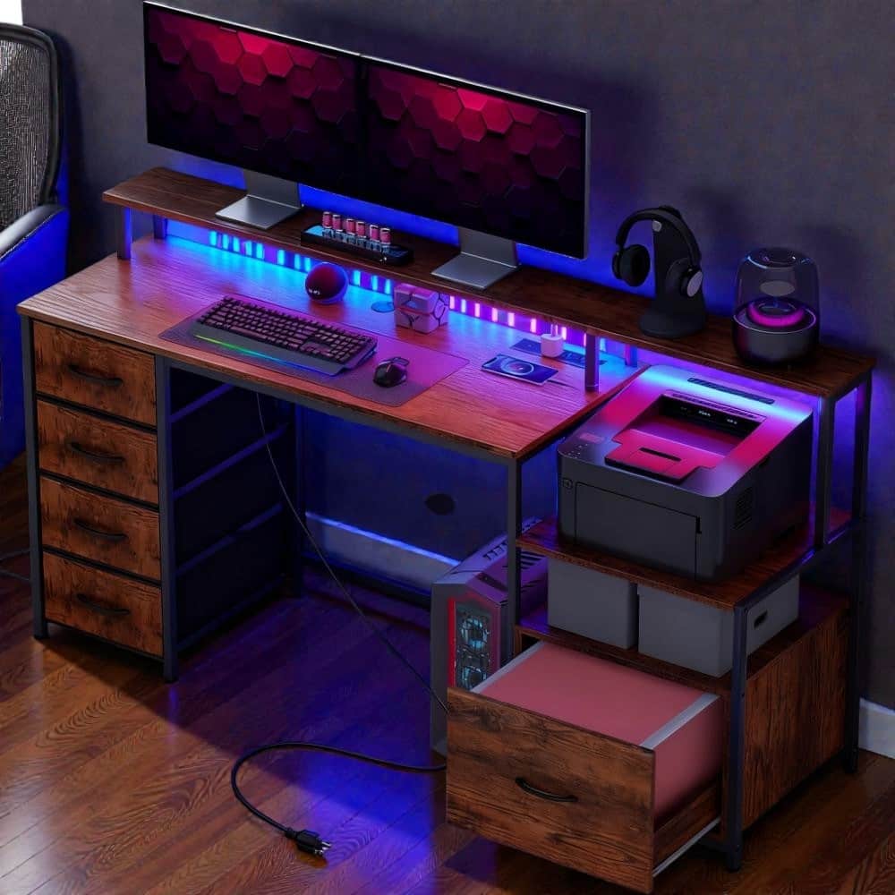 Computer Desk with Power Outlets and LED Lights, Office Desk with File Cabinet Fabric Drawers and Monitor Stand