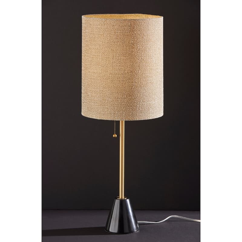 Black and Gold Marble Metal Base Table Lamp with Beige Fabric Drum Shade and Pull Chain - 10” x 10” x 28” (D x W x H)