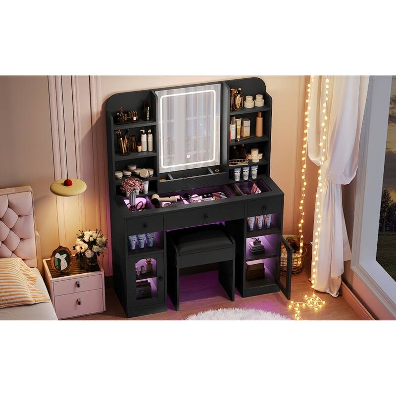 Roomfitters 43.2" Makeup Vanity Desk with LED Lighted Mirror, Glass Door Cabinets, Charging Station and Stool