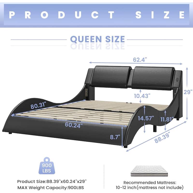 Bed Frame with Headboard Charging Ports Low Profile Platform Bed LED Lights Wave Curve