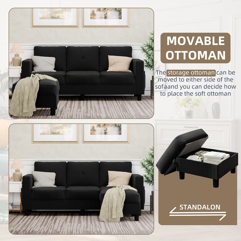 Futzca Modern Living Room Sofa Couch with Movable Ottoman & Extra Storage