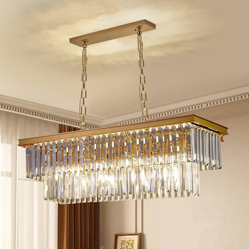 Gold Rectangle Crystal Chandelier, Luxury Pendant Light for Dining Room, Bulbs Included