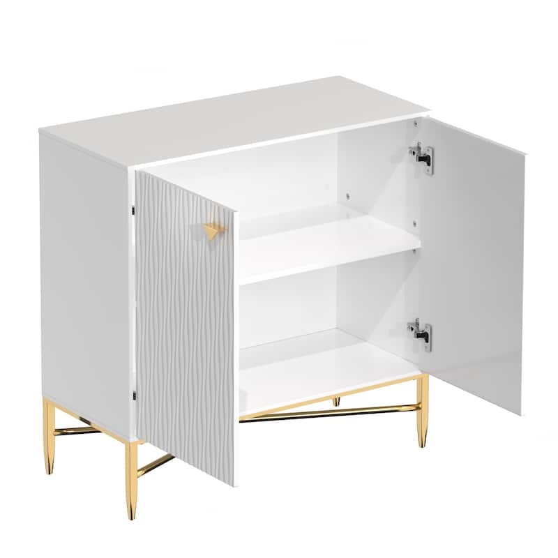 Gloss Door Cabinet-Gold Spindle Legs And Triangular Handles 2 Door White Locker Accent Cabinet