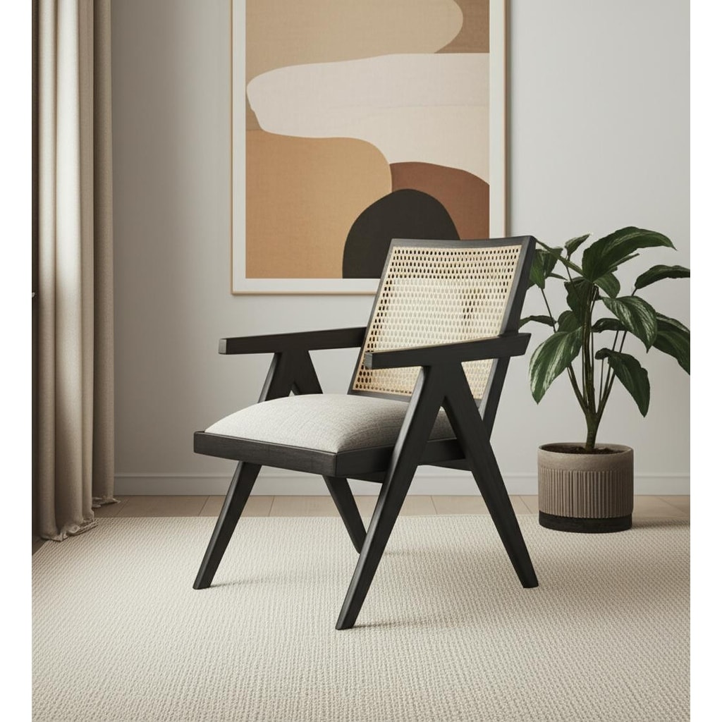 HomeRoots 28" Gray and Black Linen and Solid Wood Arm Chair - 27.52 in. x 32.00 in. x 21.65 in.