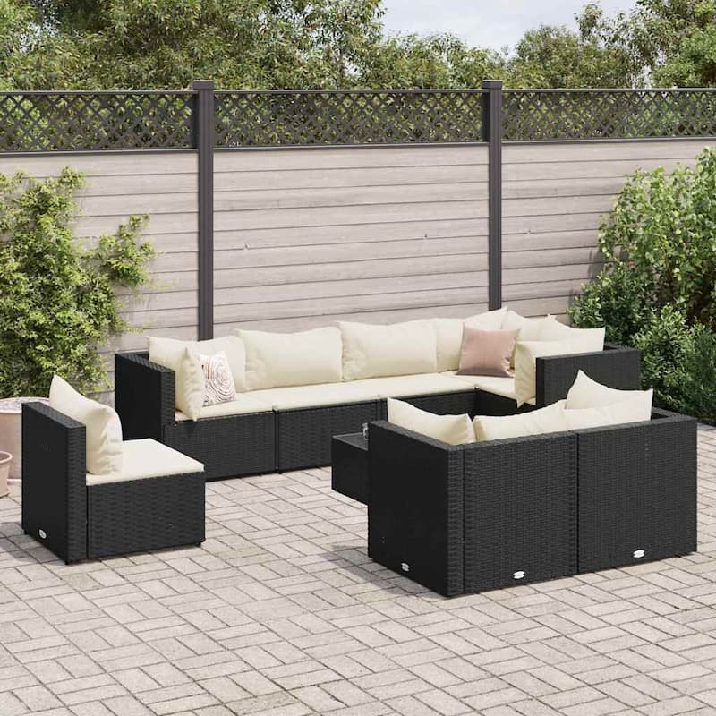 vidaXL Patio Lounge Set with Cushions Sectional Sofa Garden Backyard Poly Rattan - 24.8 x 24.8 x 22.6 - Black and cream - form3