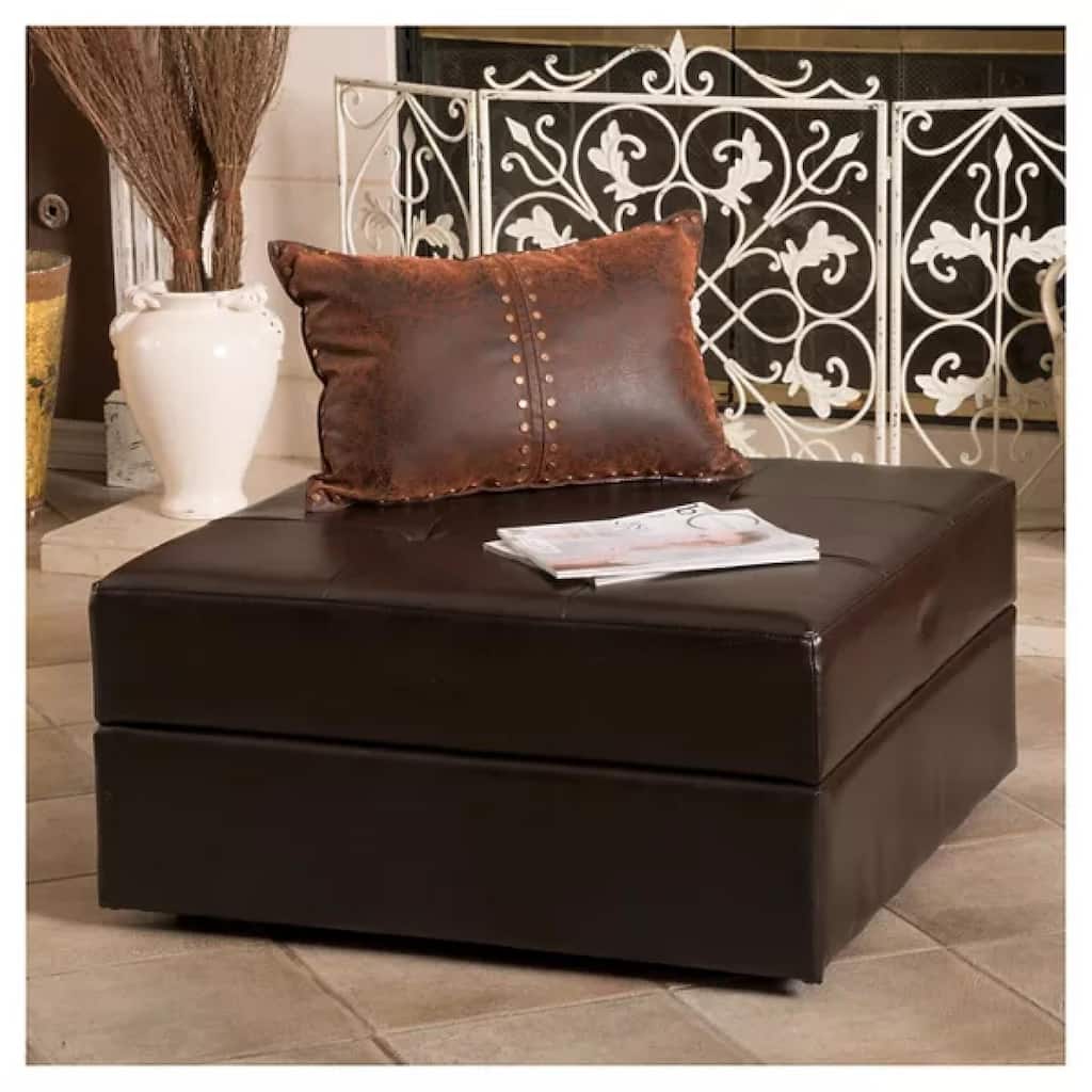 Roomfitters 31" Square Storage Ottoman, Tufted Faux Leather Coffee Table Bench with Lift Top, Dark Brown