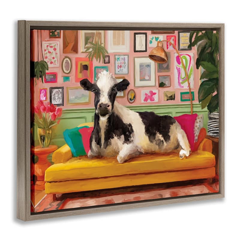 Stupell Cow in Whimsical Maximalist House Framed Floater Canvas Wall Art Design By Kamdon Kreations