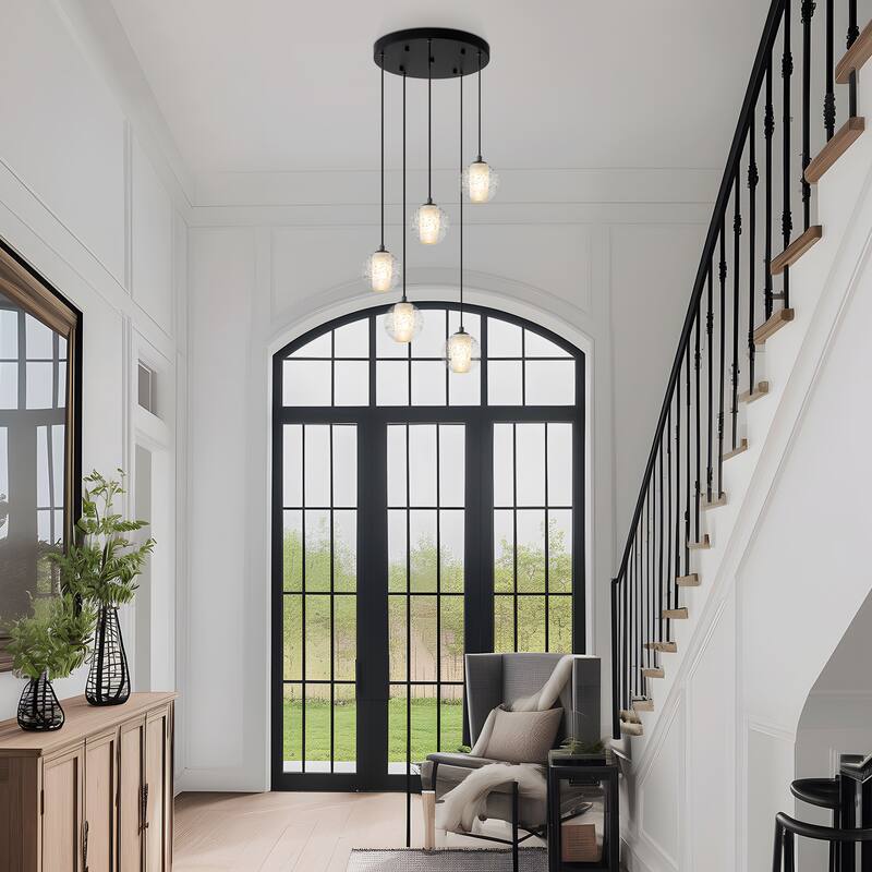 Starsky Modern 5-Light Cluster Globe Glass Chandelier Stair Entryway Cluster Light for High Ceiling - Black