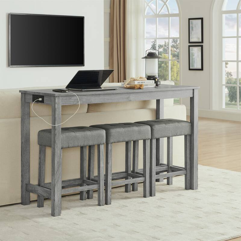 Bar Table, Dining Table, Sofa Table with Power Outlet, 3 Upholstered Stools, 4 Piece Bar Table and Chair Set - Grey