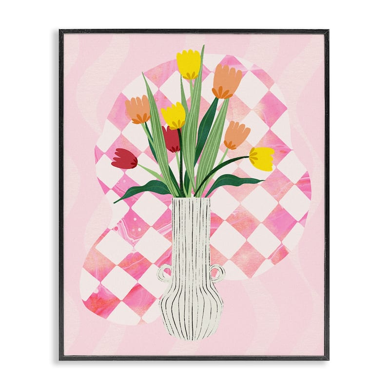 Stupell Yellow Tulip Vase on Checkered Framed Giclee Art Design By Ziwei Li - 24 x 30 - Black