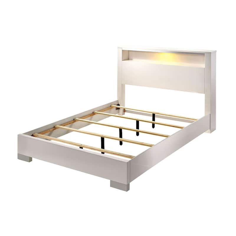 Modern Eastern King Size Bed with Shelved Headboard and LED Light, White