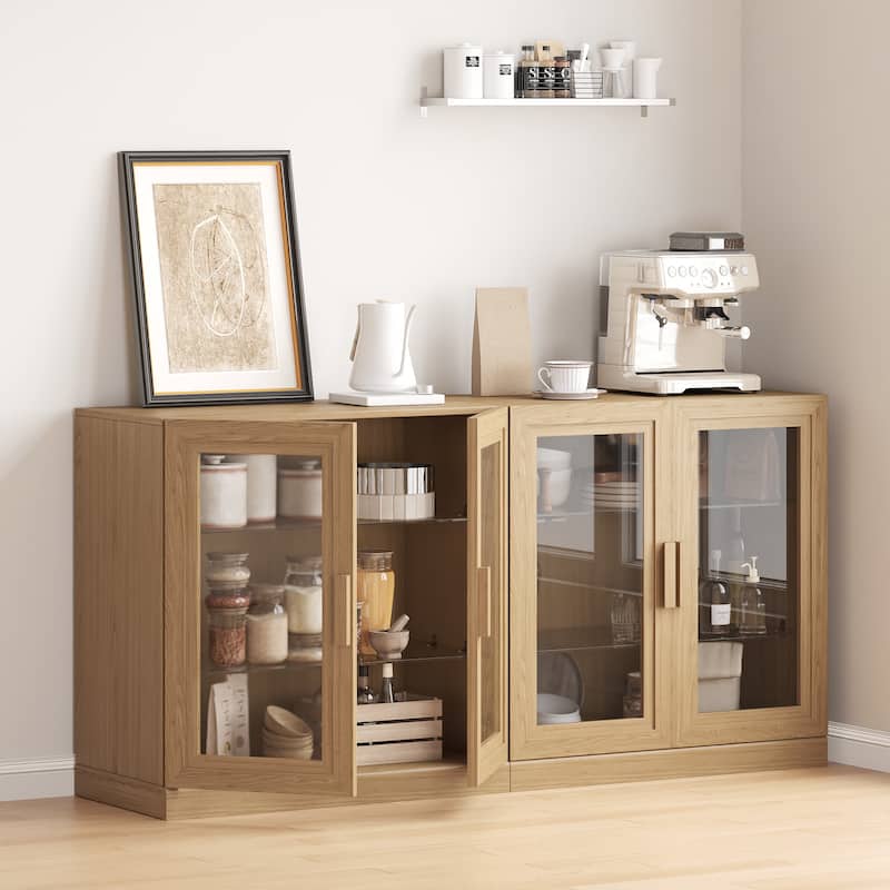 62"LX31"H Solid Wood Kitchen Pantry Sideboard Buffet Cabinet Storage with Glass Doors