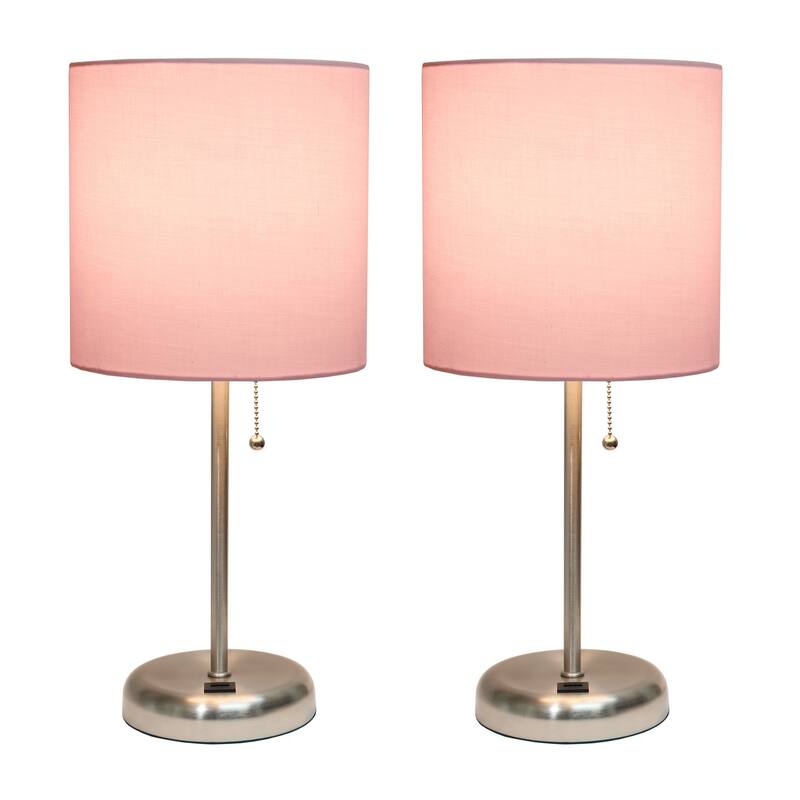 19.5 in. Brushed Steel Finish Table Lamp with Pink Shade, Durable Stick Lamp for End/Side Tables, Set of 2