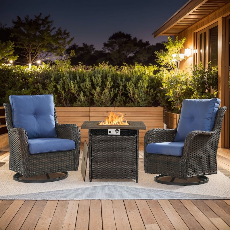 Pocassy 3 Pieces Fire Pit Table with Swivel Gilder Chairs - Brown Wicker Blue Cushion - 3 Pieces Swivel Chair with Fire Table