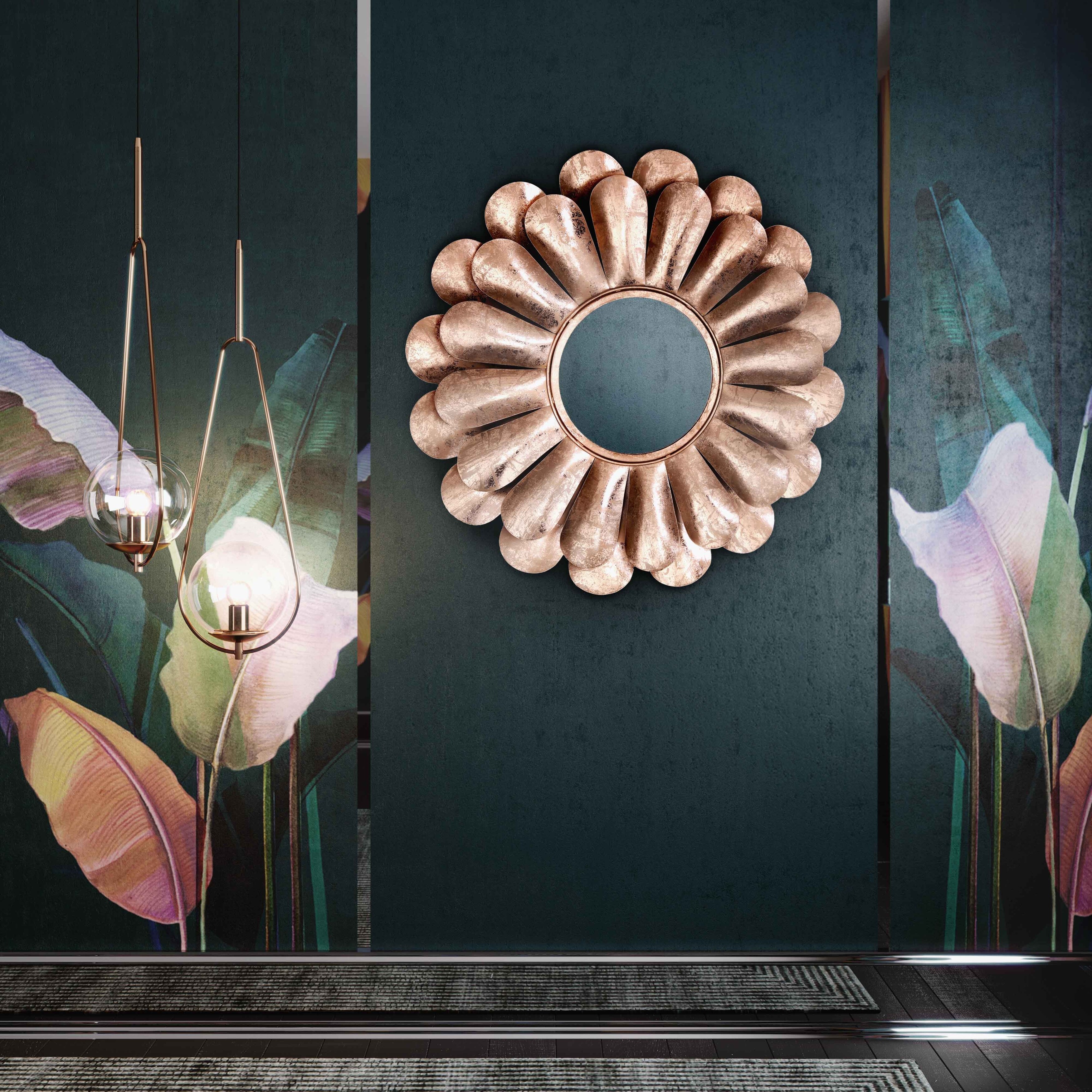 Set of 3 Floral Sunburst Inspired Brushed Bronze Round Mirrors 9.5