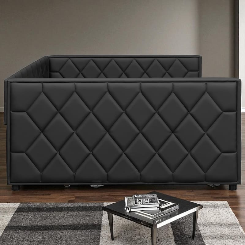 Full XL Upholstered Daybed with Trundle and LED Armrests, PU Leather Sofa Bed with Pull-Out Guest Bed