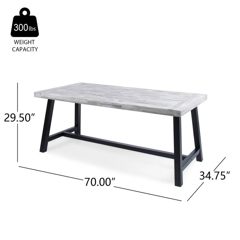 Roomfitters Outdoor Acacia Wood Dining Table with Rustic White Metal Sled Legs, Slat Top