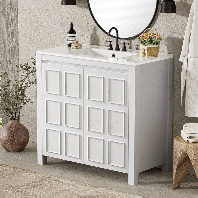36" Bathroom Vanity Organizer with Ceramic Sink and Soft Close Door