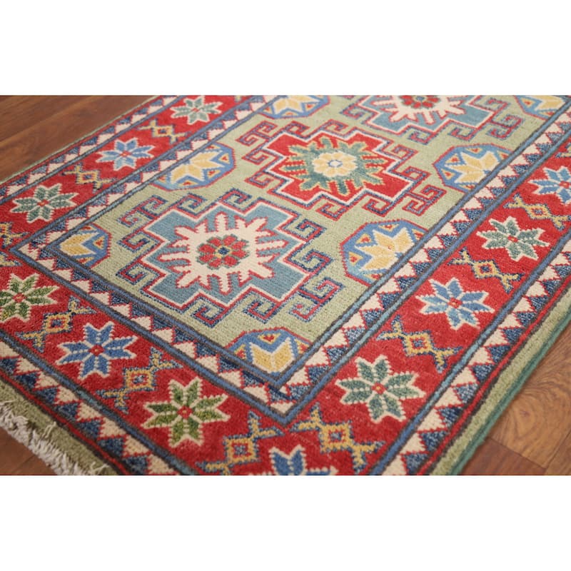 Green Red Kazak Oriental Rug Hand-Knotted Wool Carpet - 2'0" x 3'0"