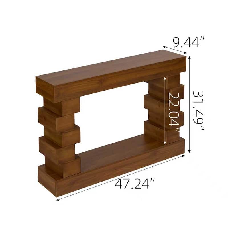 Geometric Block Stacked Wood Console Table with Warm Natural Finish