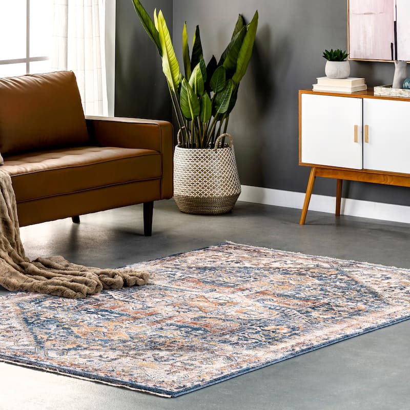 Nuloom Hannah Distressed Traditional Medallion Fringe Area Rug - 3' x 5' - Blue - Rectangle