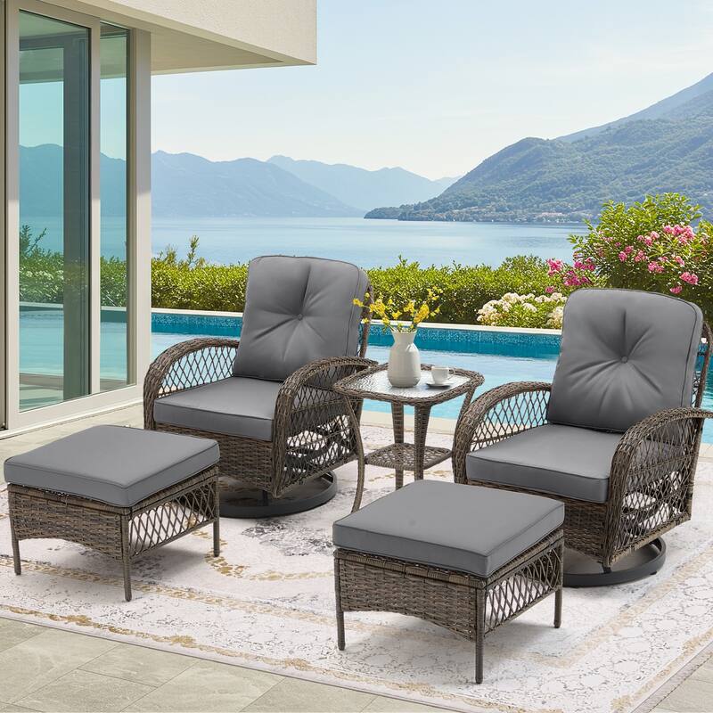 360° Swivel Rocking Patio Chairs Set with Thick Cushions & Tempered Glass Table | Indoor Living Room / Balcony| 3/5-Piece - 5-Piece - Grey