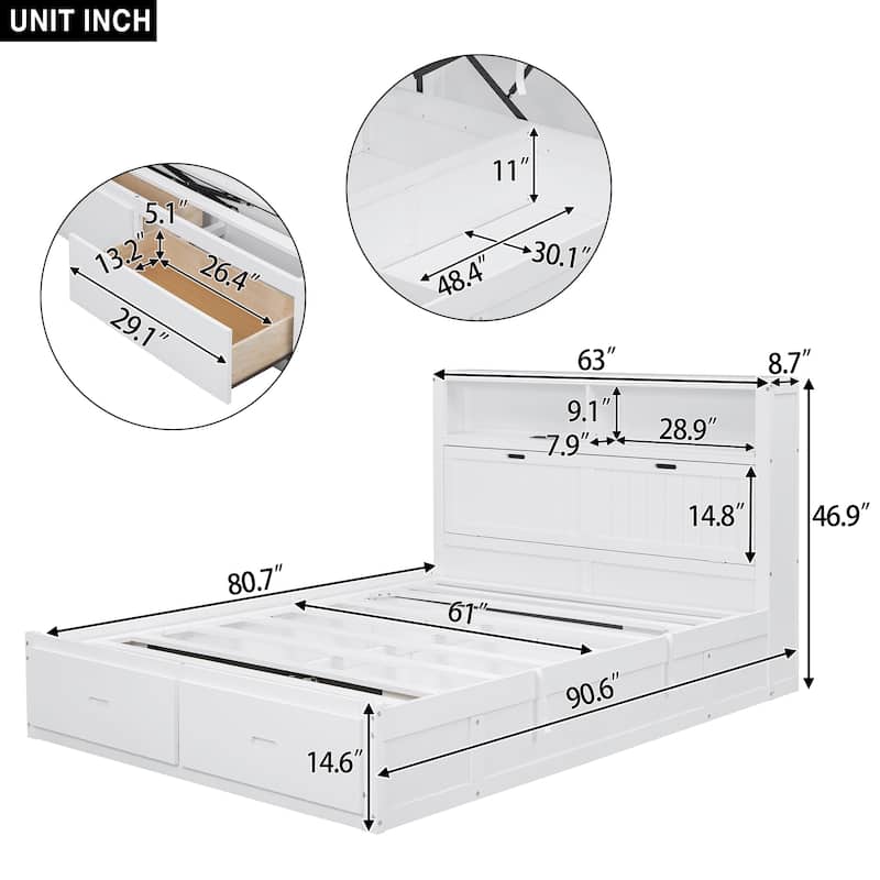 Queen Size Wooden Platform Bed with Storage LED Headboard, Charging Station and 2 Drawers