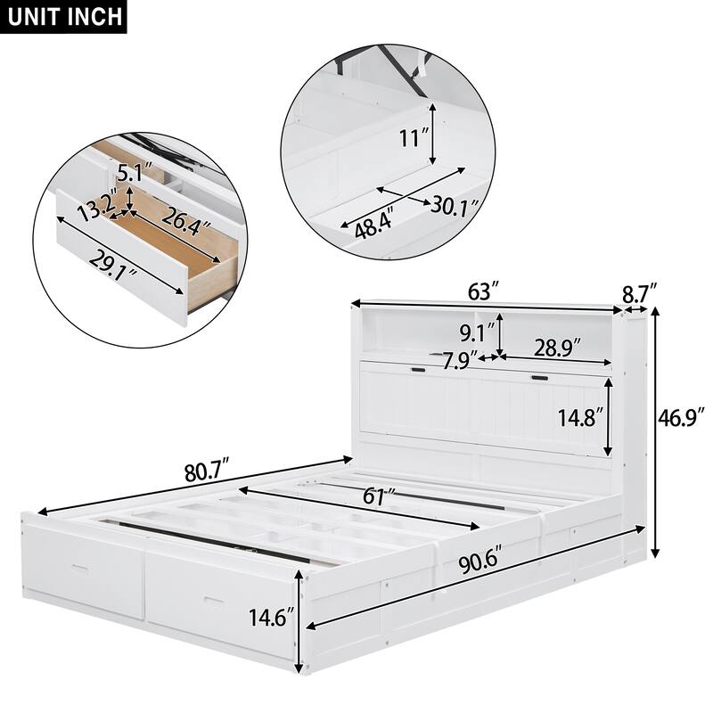 Wooden Platform Bed with Storage LED Headboard, Charging Station and 2 Drawers