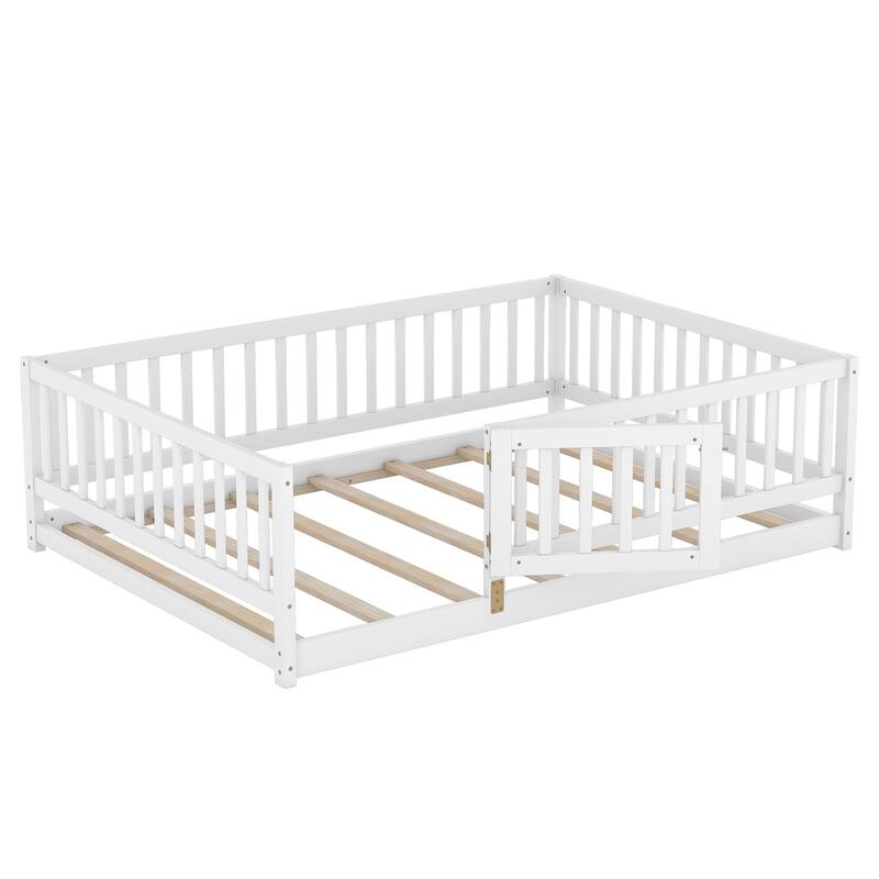 Full Size Wooden Floor Bed with Slats, Fence, and Removable Door for Kids, Montessori Style