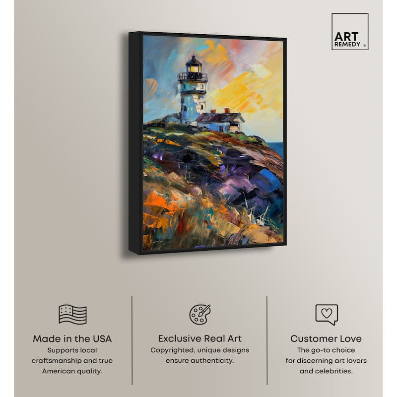 Art Remedy Colorful Lighthouse Framed Impressionism 1 Piece Canvas Wall Art /Monet And Van Gogh Inspired Art